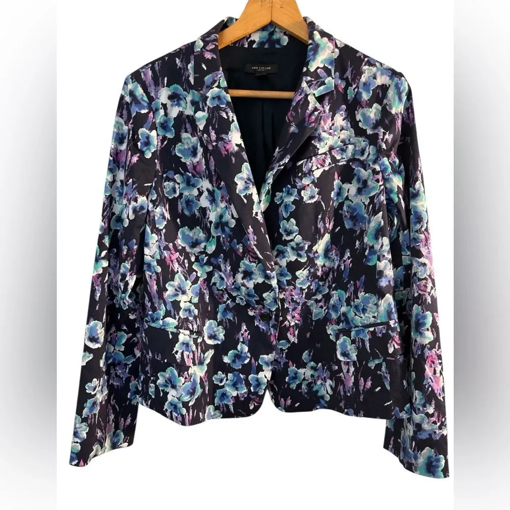 Ann Taylor Floral Blazer Jacket Black Purple Gardencore Career size 14